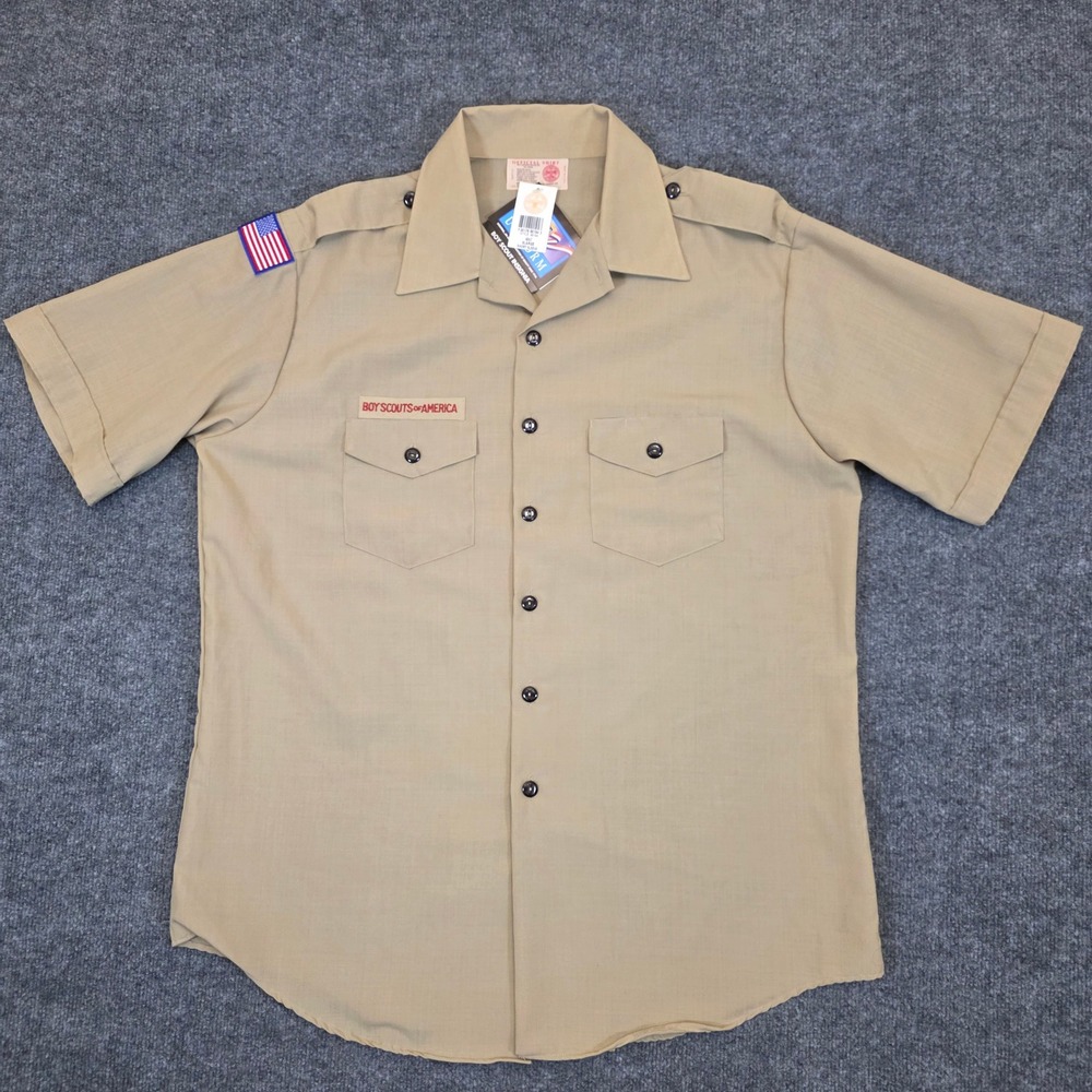 VTG Boy Scouts of America Uniform Shirt Mens XL Tan Short Sleeve Poly Wool NWT